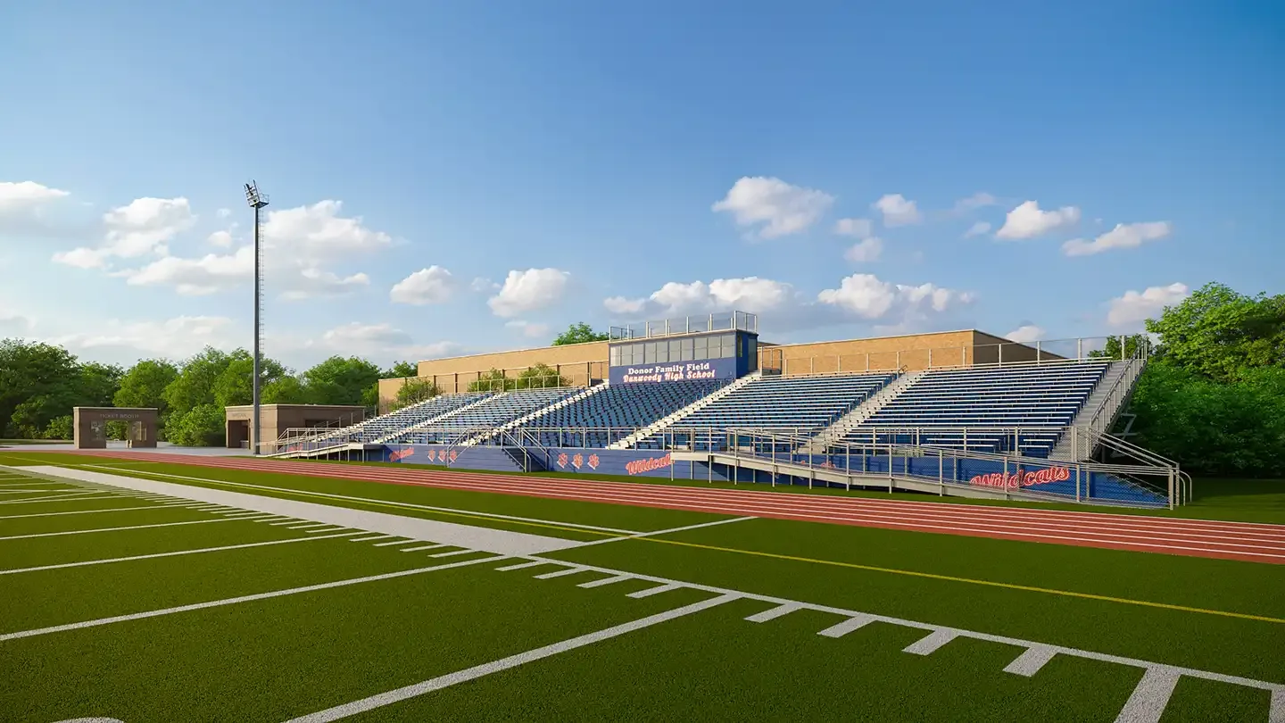 An architect's rendering of the planned home stands, press box and ticket booth at Dunwoody High School. It is a design image, not a photograph.
