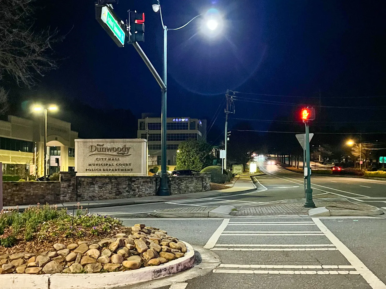 Dunwoody City Hall on Ashford Dunwoody Road at night