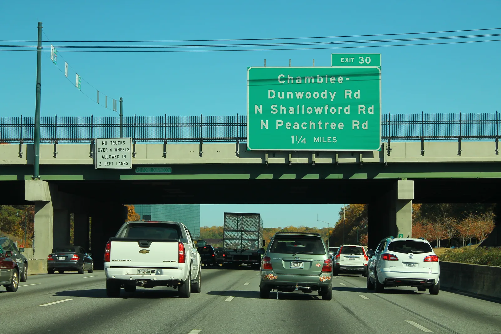 The I-285 sign for exit 30, Chamblee Dunwoody Road, North Shallowford Road and North Peachtree Road, the Georgetown exits