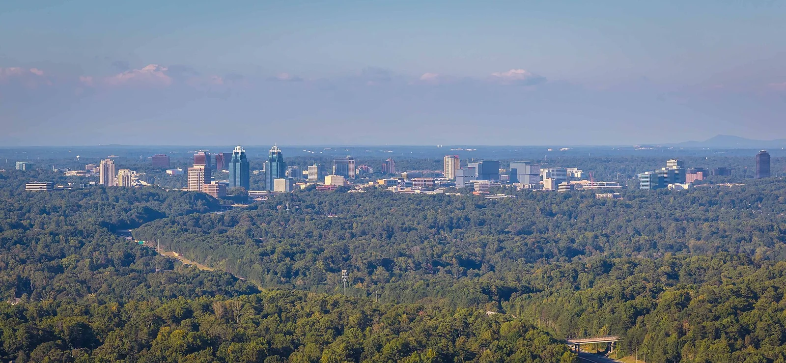 The Perimeter Center skyline rising above the trees of north DeKalb