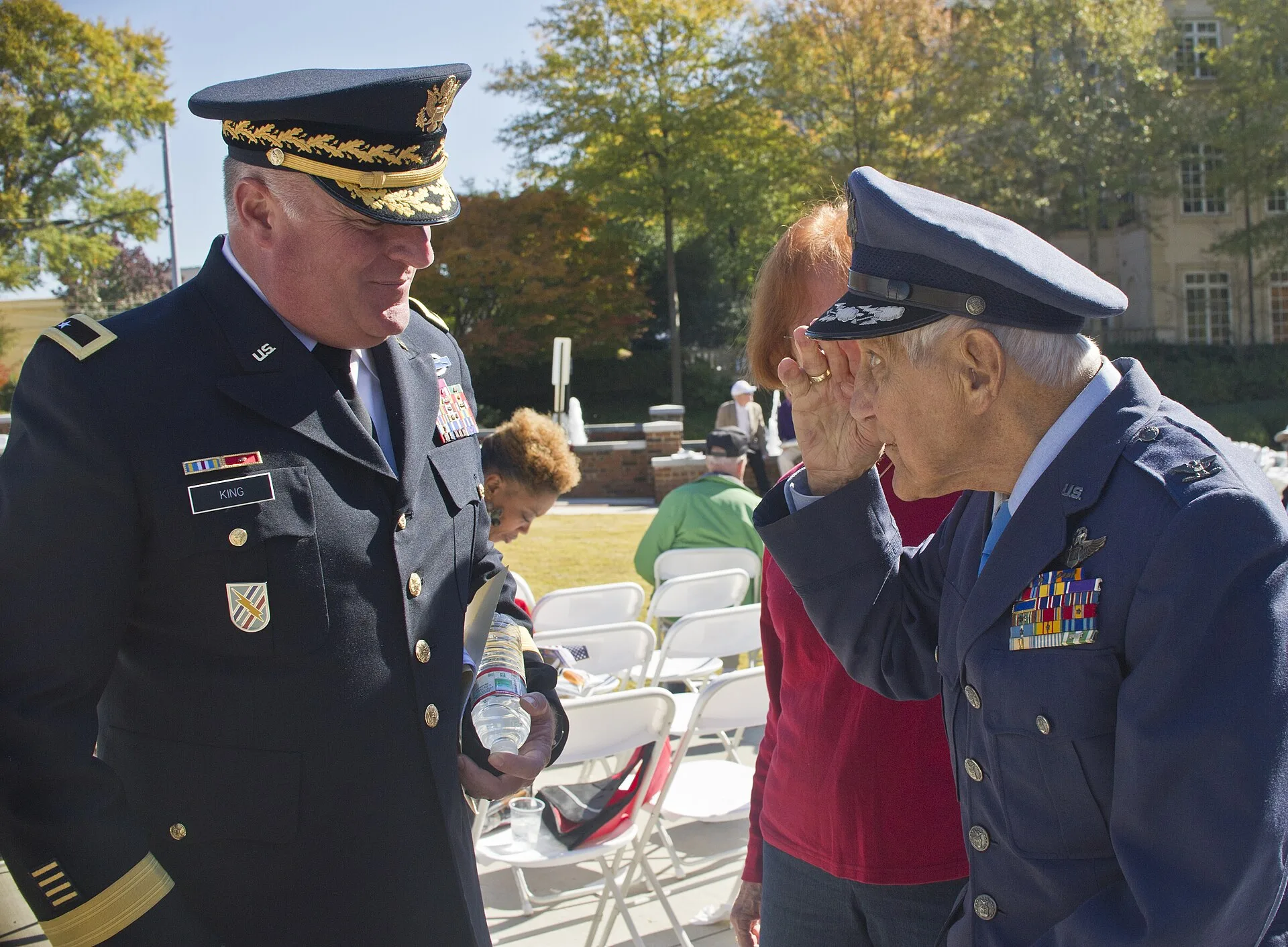 A retired Air Force colonel salutes a Georgia National Guard general after the Veterans Day program at the Atlanta History Center. The picture does not show Dunwoody's ceremony.