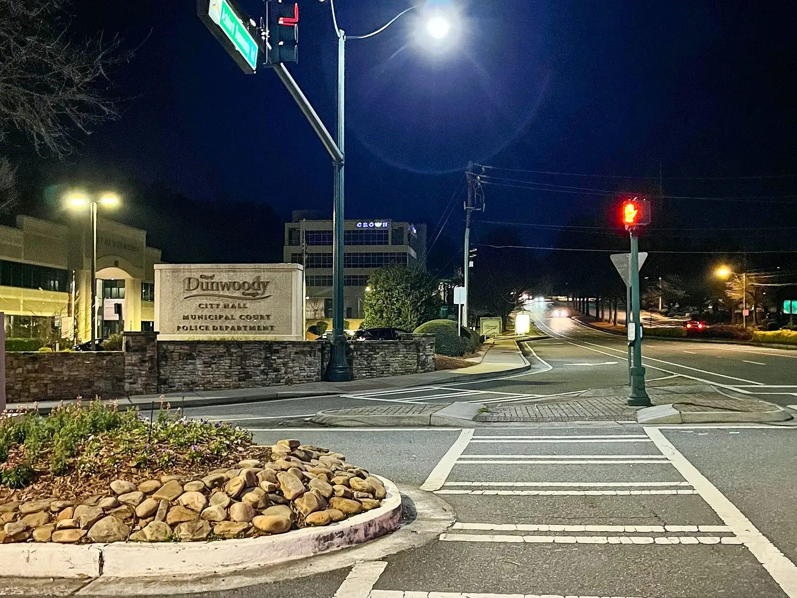 The sign for Dunwoody City Hall, Municipal Court and Police Department on Ashford Dunwoody Road